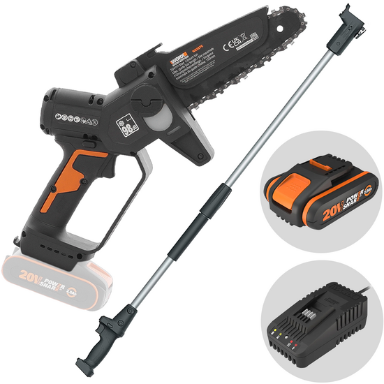 Worx WG327E - &Eacute;lagueuse sur batterie + perche de rallonge de 125 cm - 20 V 2 Ah