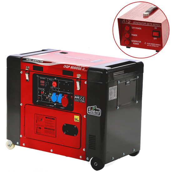 GeoTech Pro DGP8000SE-3 - Groupe électrogène diesel silencieux sur chariot avec AVR 6 kW - Continu 5.5 kW Triphasé + ATS